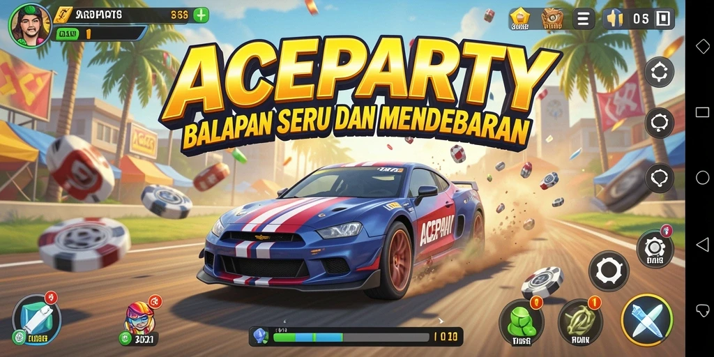 Gameplay ACEPARTY yang penuh aksi dengan berbagai kendaraan balap.