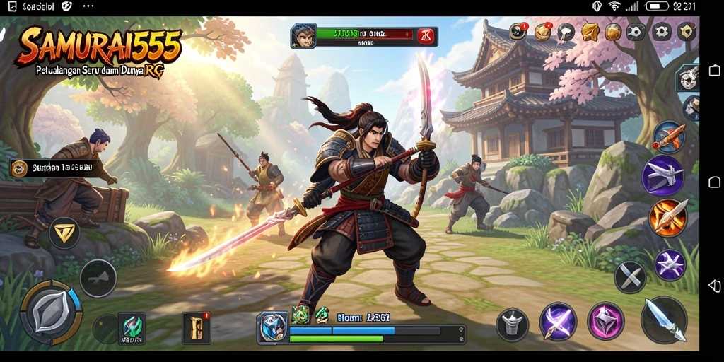 Screenshot gameplay SAMURAI555 menampilkan aksi pertarungan epik dan dunia yang menakjubkan.