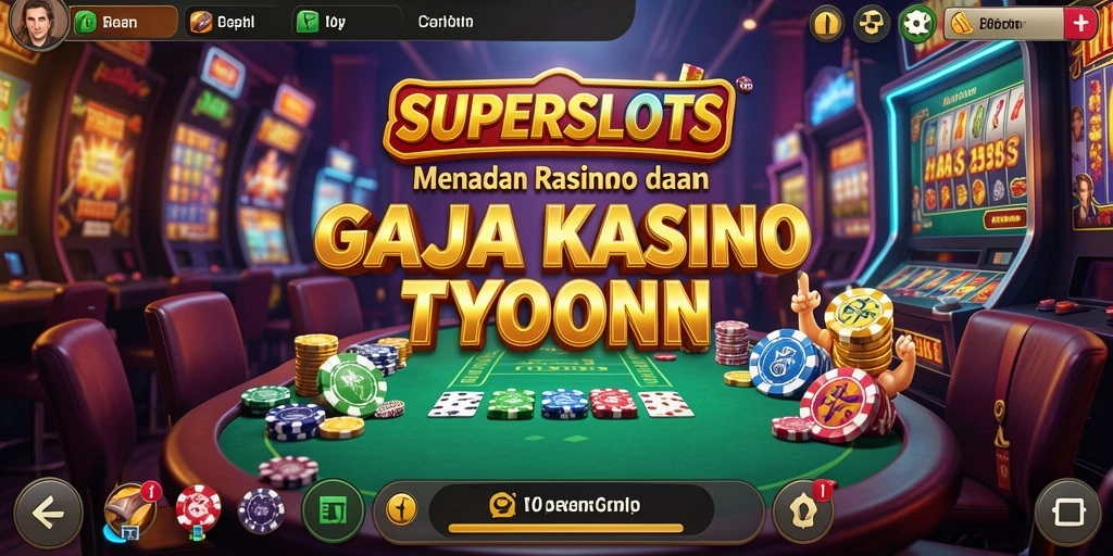Screenshot gameplay SUPERSLOTS menampilkan aktivitas seru dalam membangun kasino Tycoon.