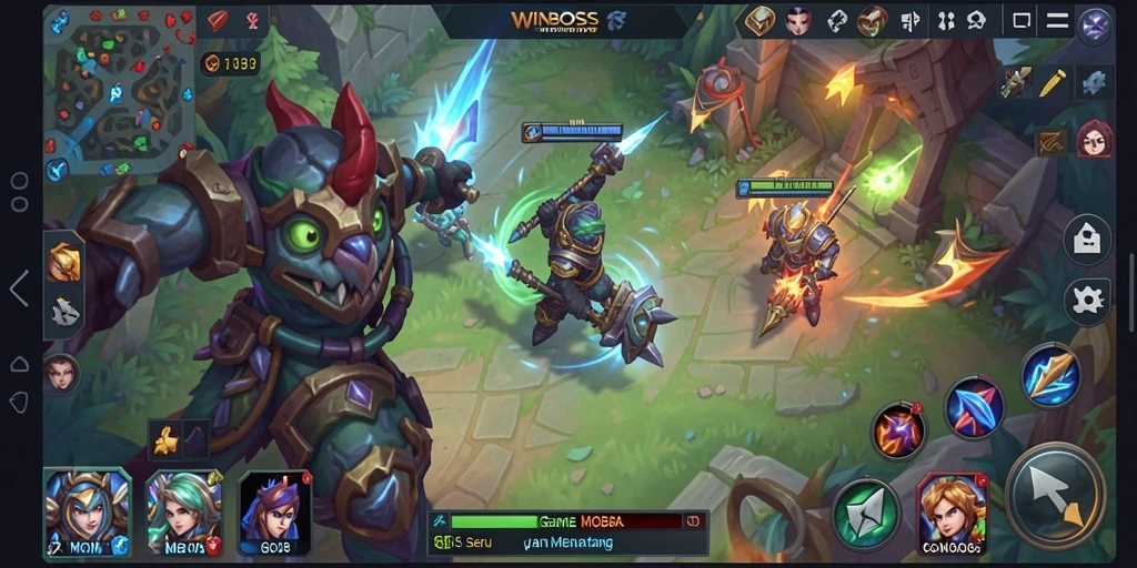 Screenshot gameplay WINBOSS menampilkan aksi seru pertempuran tim.